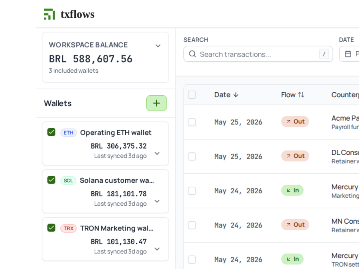 TxFlows dashboard showing multiple stablecoin wallets in one account list