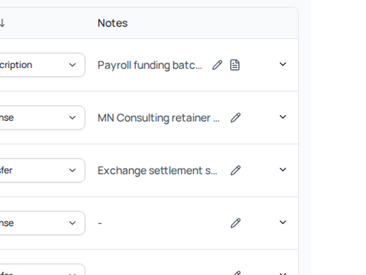 TxFlows transaction row with notes and document attachment